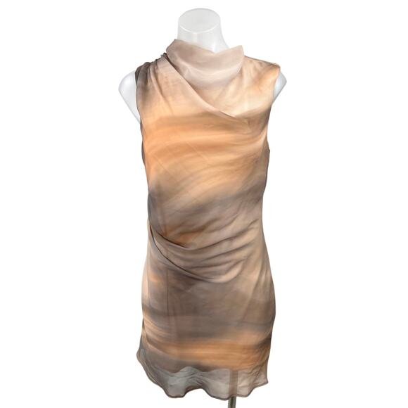 ASOS Beige Tie Dye  High Neck Chiffon Drape Sleeveless Mini Sheath Dress Size 6 - Picture 3 of 9